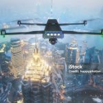 A drone flies over the evening city. Mixed media