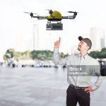 delivery man and futuristic drone 3d